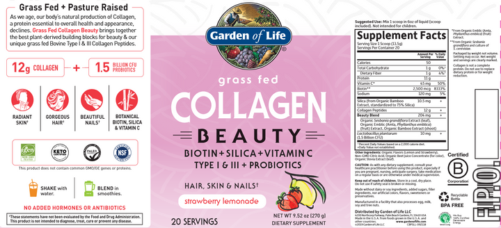 Grass Fed Collagen Beauty Strawberry Lemonade 9.52 oz