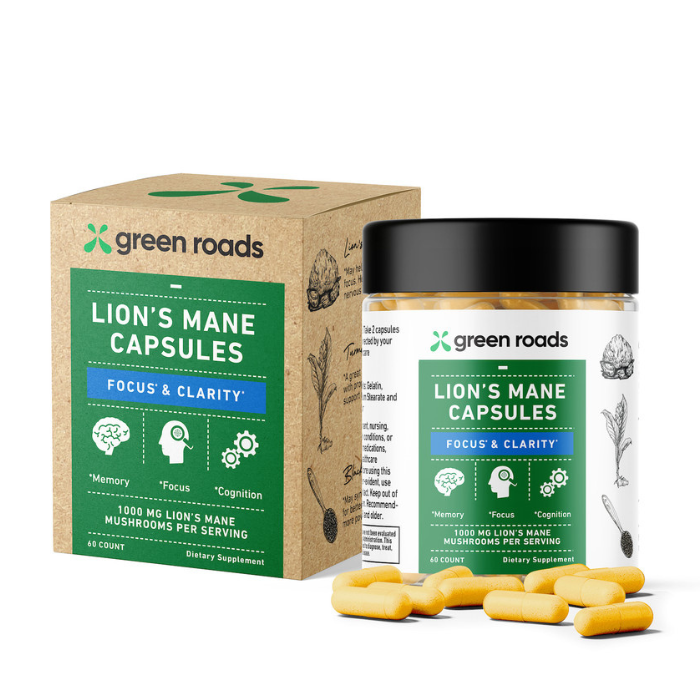 GREEN ROADS | LIONS MANE FOCUS & CLARITY NOOTROPIC CAPSULES | 500MG-60 COUNT
