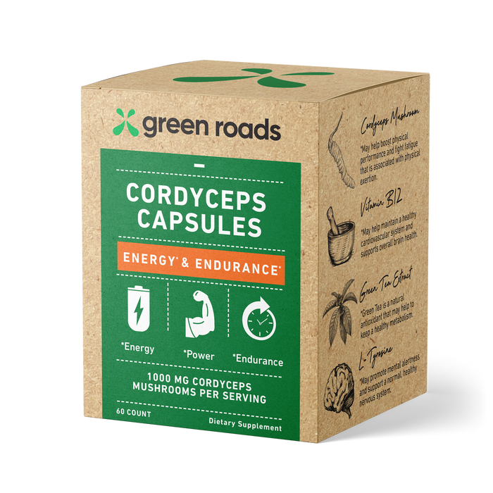 GREEN ROADS | CORDYCEPS ENERGY & ENDURANCE NOOTROPIC CAPSULES | 500MG-60 COUNT