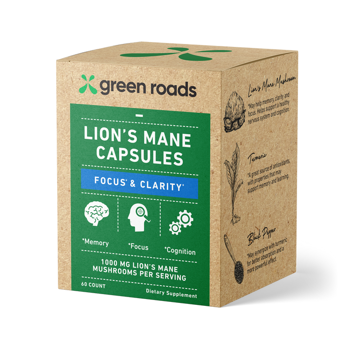 GREEN ROADS | LIONS MANE FOCUS & CLARITY NOOTROPIC CAPSULES | 500MG-60 COUNT